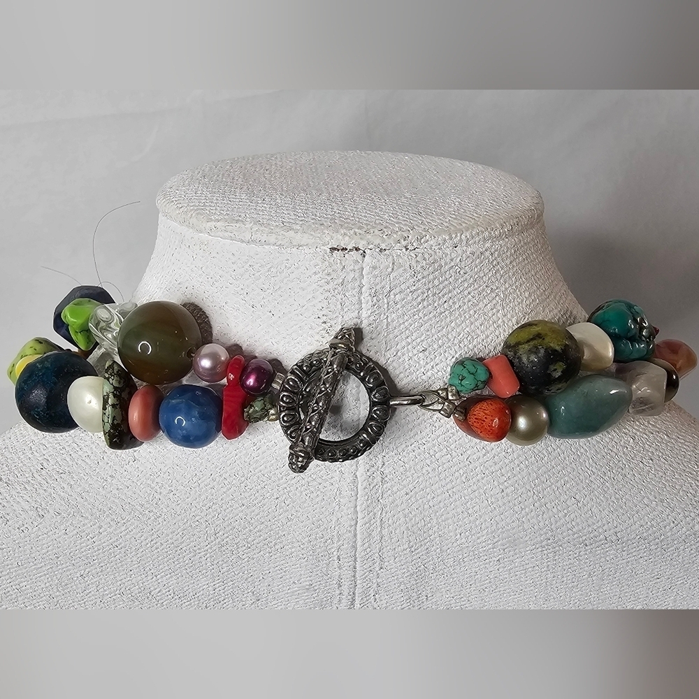 ​Chunky Multi-Gemstone Necklace & Bracelet Set Two Strand Turquoise Jasper Agate - Picture 4 of 9